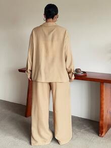 Dazy Plus Solid Color Casual Traditional Loose Long Sleeve Shirt And Wide Leg Pants 2 Pieces Set, Fun Commute Outfit Autumn Formal Vacation Beige - Khaki - View 10