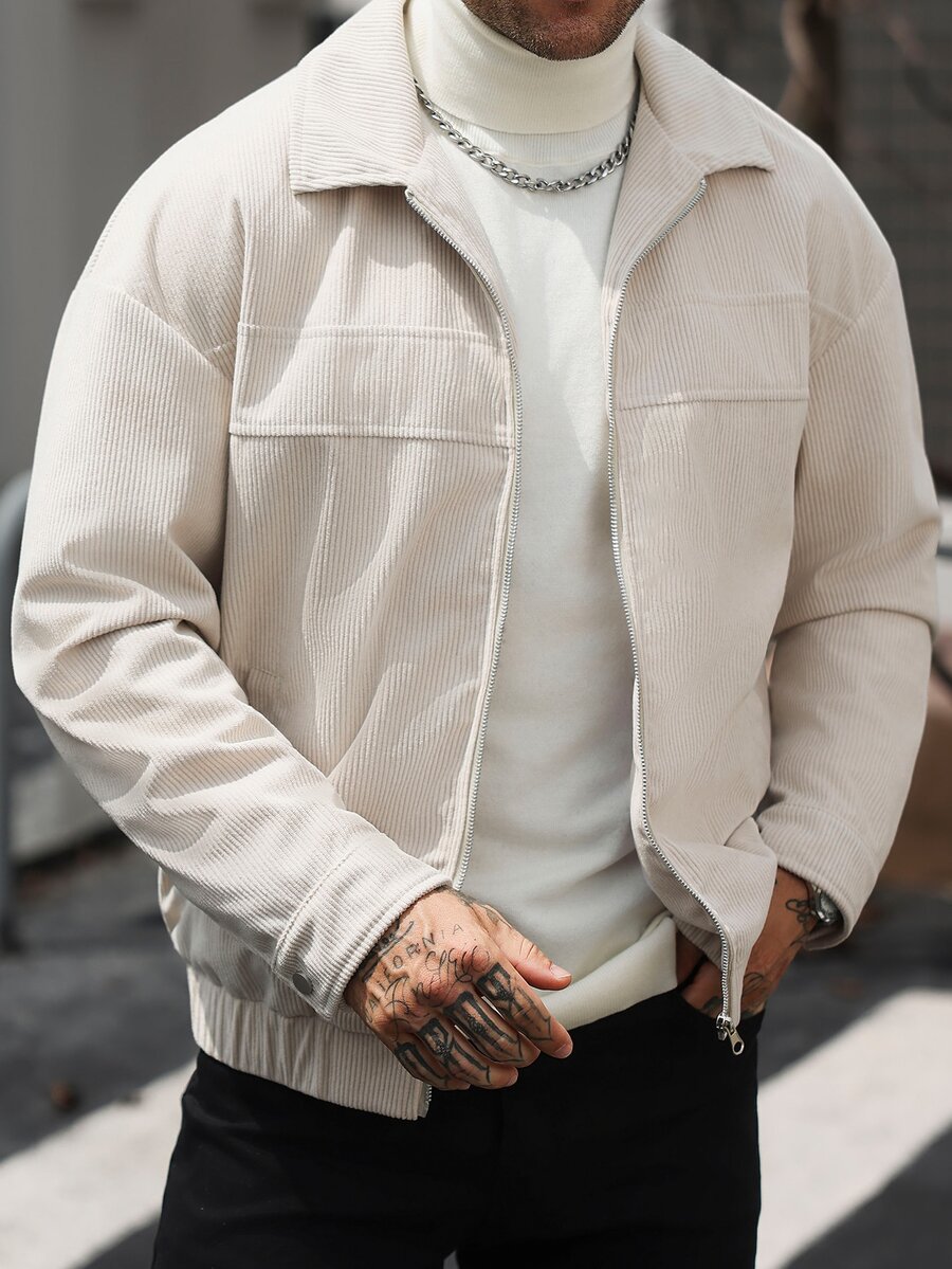Manfinity CasualCool Men's Casual Jacket With Turn-Down Collar, Corduroy Zip-Up Cardigan - Beige - View 1