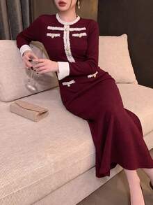 Modelyn Women's French Style Gentle Burgundy Textured Long Sleeve Chunky Knit Raw Edge Pearl Button Decorated Waist-Cinching Slimming Mermaid Mid-Length Bodycon Skirt - Burgundy - View 6