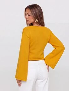 Avantive Sweater Kasual Lengan Panjang Bahu Longgar Warna Polos untuk Wanita, Cocok untuk Makan Siang Thanksgiving, Warna Kuning Mustard, dan Musim Gugur. - Kuning - View 2