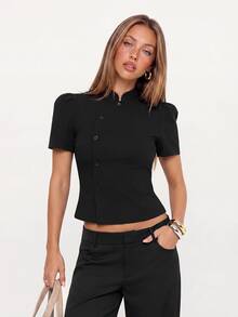 Avantive Women's European & American Vintage Waist-Cinching Cropped Design Top - Black - View 9