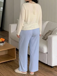 Dazy Plus 3-Piece Set Cardigan, Spaghetti Strap Strap Top, Striped Loose Straight Leg Pajama Pants Loungewear Set - Apricot - View 2
