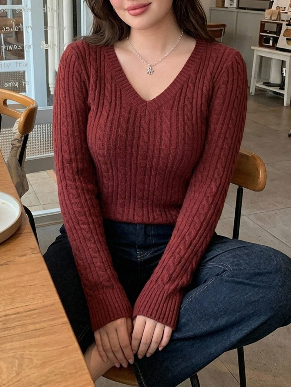Dazy Plus V-Neck Solid Color Korean Style Long Sleeve New Year Red Elegant Versatile Autumn/Winter New Sweater