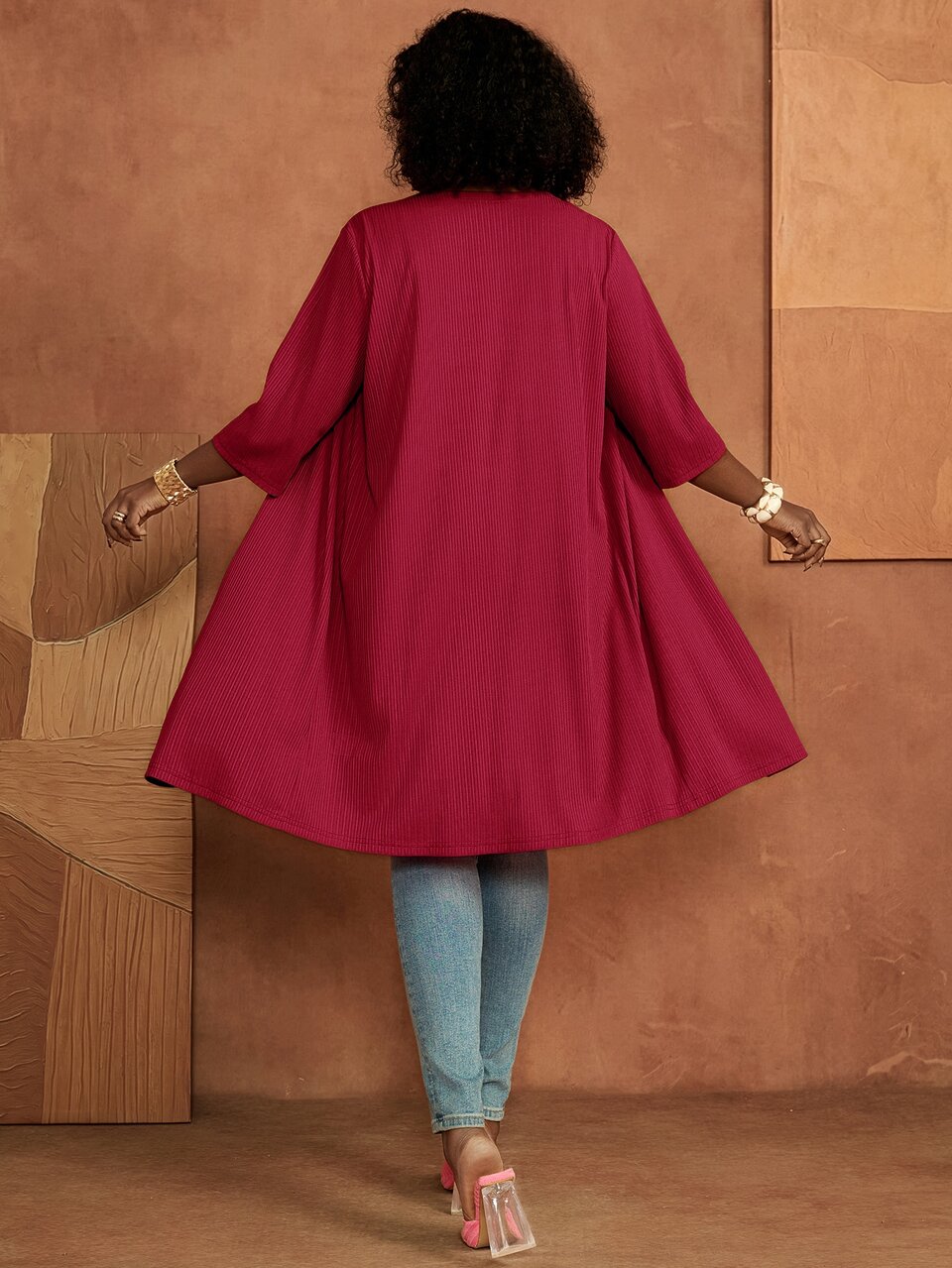 Plus Size Women's Burgundy Solid Open Front Three-Quarter Sleeve Casual Jacket Fall 2026