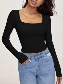 SHEIN BASICS 3件組女款純色針織長袖修身方領短版T恤，夏季服飾 - 彩色 - 查看 7