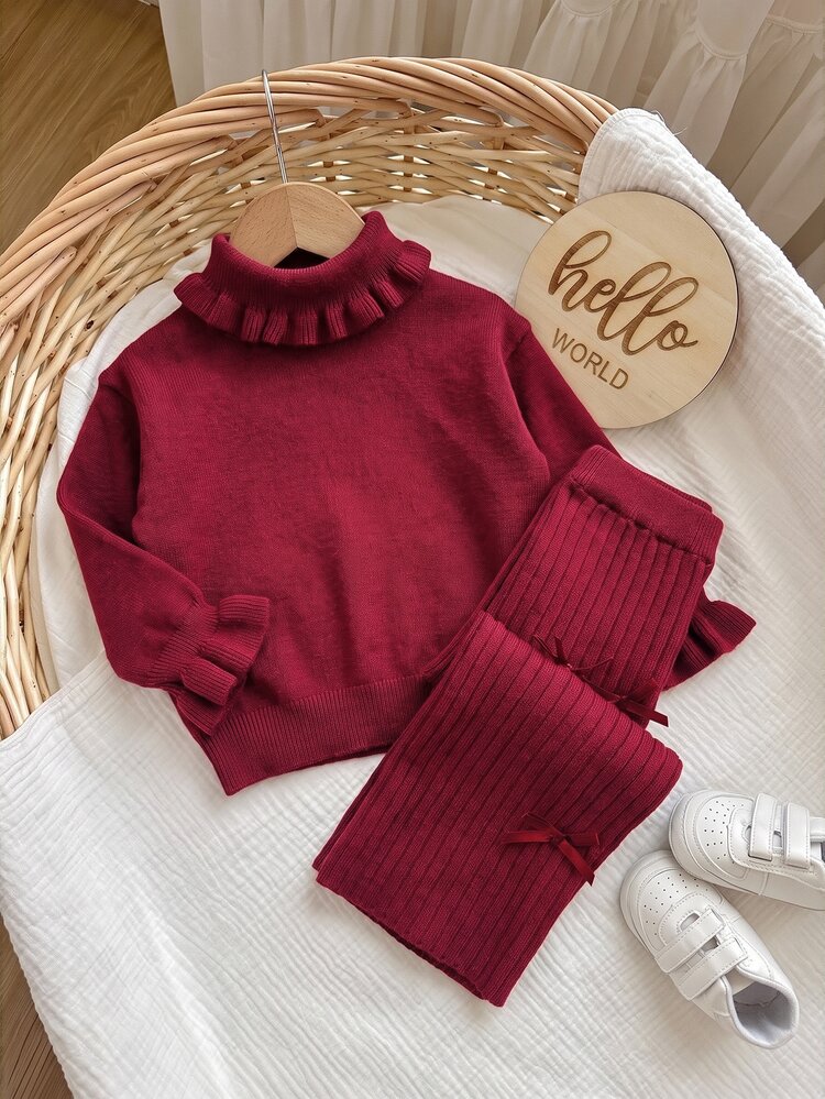 SHEIN Baby Girl Autumn/Winter Casual Solid Color High Neck Sweater & Knitted Pants Set - Burgundy - View 7