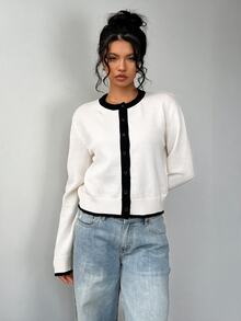 SHEIN BASICS Women's Contrast Trim Thin Cardigan - White - View 3