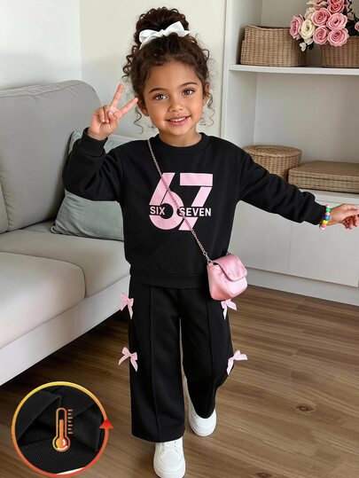 Kids Young Girl Casual Printed Knit Solid Color Contrast Bow Loose Drop Shoulder Long Sleeve Sweatshirt Pleated Wide Leg Sweatpants Set