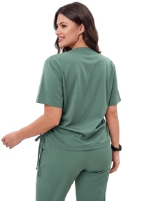 TaskEZ Atasan Seragam Medis Wanita Ukuran Besar Warna Hijau Rumput, Leher V, Lengan Pendek, dengan Detail Kerut dan Tali Serut untuk Memperampingkan Tubuh, serta Desain Hem Melengkung - Hijau - View 2