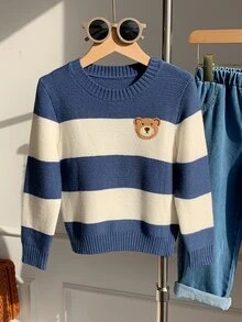 SHEIN Young Boys Cartoon Bear Kids Striped Pattern Crew Neck Long Sleeve Pullover Autumn Sweater - Multicolor - View 5