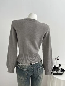 Elamini Women's Grey Casual Versatile Daily Commute Autumn/Winter Crew Neck Pullover Sweater - Grey - View 2