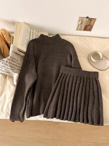 CosyJoli Autumn/Winter Casual Versatile Solid Color Sweater & Knitted Skirt 2 Pieces Set - Brown - View 2
