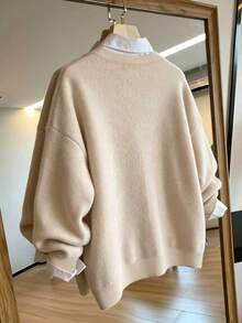 SHEIN Holidaya Women's Autumn Casual Long Sleeve Crew Neck Knit Top Brunch Office Beige - Apricot - View 2