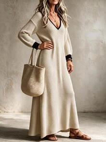 Breezaya Vacation Casual Long Knit Dress Brunch Vacation Vacation Black And Beige Autumn - Apricot - View 5
