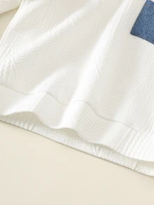 SHEIN 2件組兒童小男孩休閒可愛拼色拼接圓領套頭長袖衛衣附口袋與收口長褲針織兩件套，適合學校、花園、海灘、生日、秋季/秋冬 - 藍白色 - 查看 6