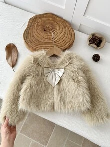 LMoss Kids Young Girl Woven Solid Kids Color Faux Fur Bow Casual Winter Jacket - White - View 7