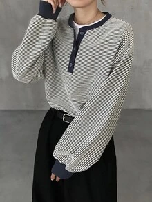 FRIFUL 女款半開襟鈕扣長袖條紋休閒T恤 秋季 - 藍色 - 查看 5