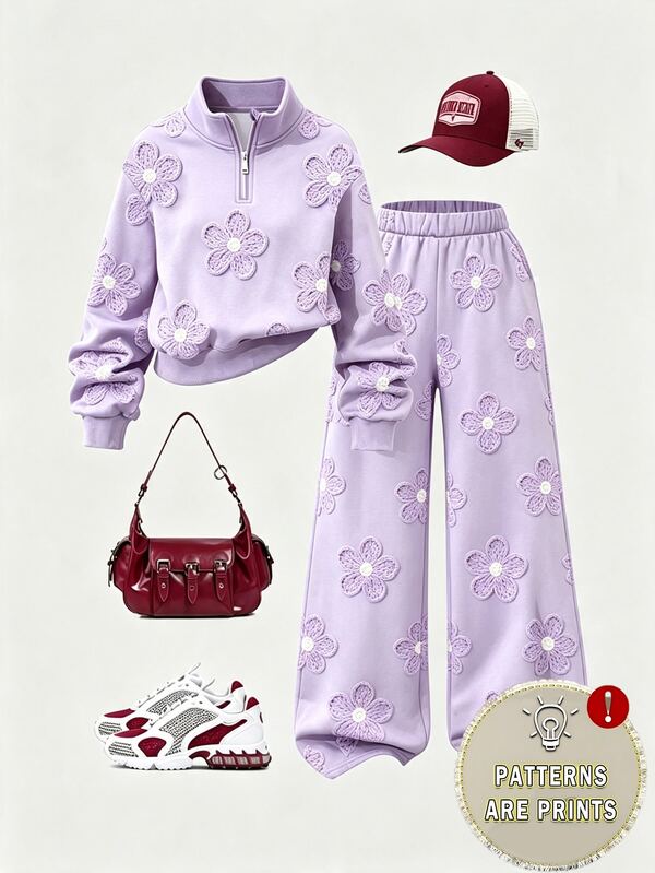 Teenage Girls' 2 Pieces Sweatshirt Set, Soft Taro Purple, Floral All-Over Print, Half-Zip Stand Collar Cropped Sweatshirt, Loose Casual Sporty Style, Sweet Floral Pattern Print, Versatile Casual Outfit For Students, Daily Wear And Outings, Straight Leg Sweatpants, Autumn/Winter