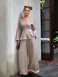DAZY Setelan 2 Potong Kemeja & Celana Kasual Wanita untuk Beraktivitas di Musim Gugur - Khaki - View 5