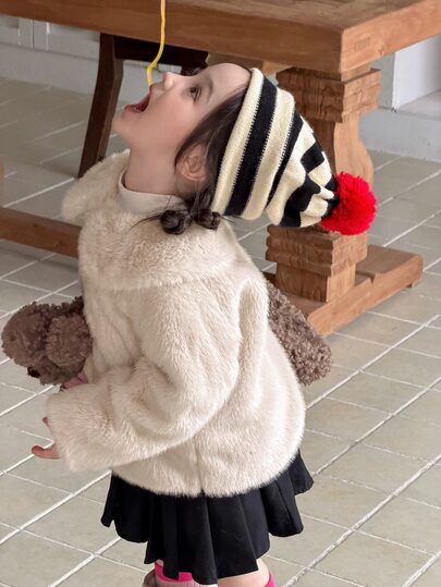 DAZY Jaket Bayi/Balita (Perempuan) Warna Polos Kerah Besar Gaya Korea Lengan Panjang Beludru Musim Gugur/Dingin