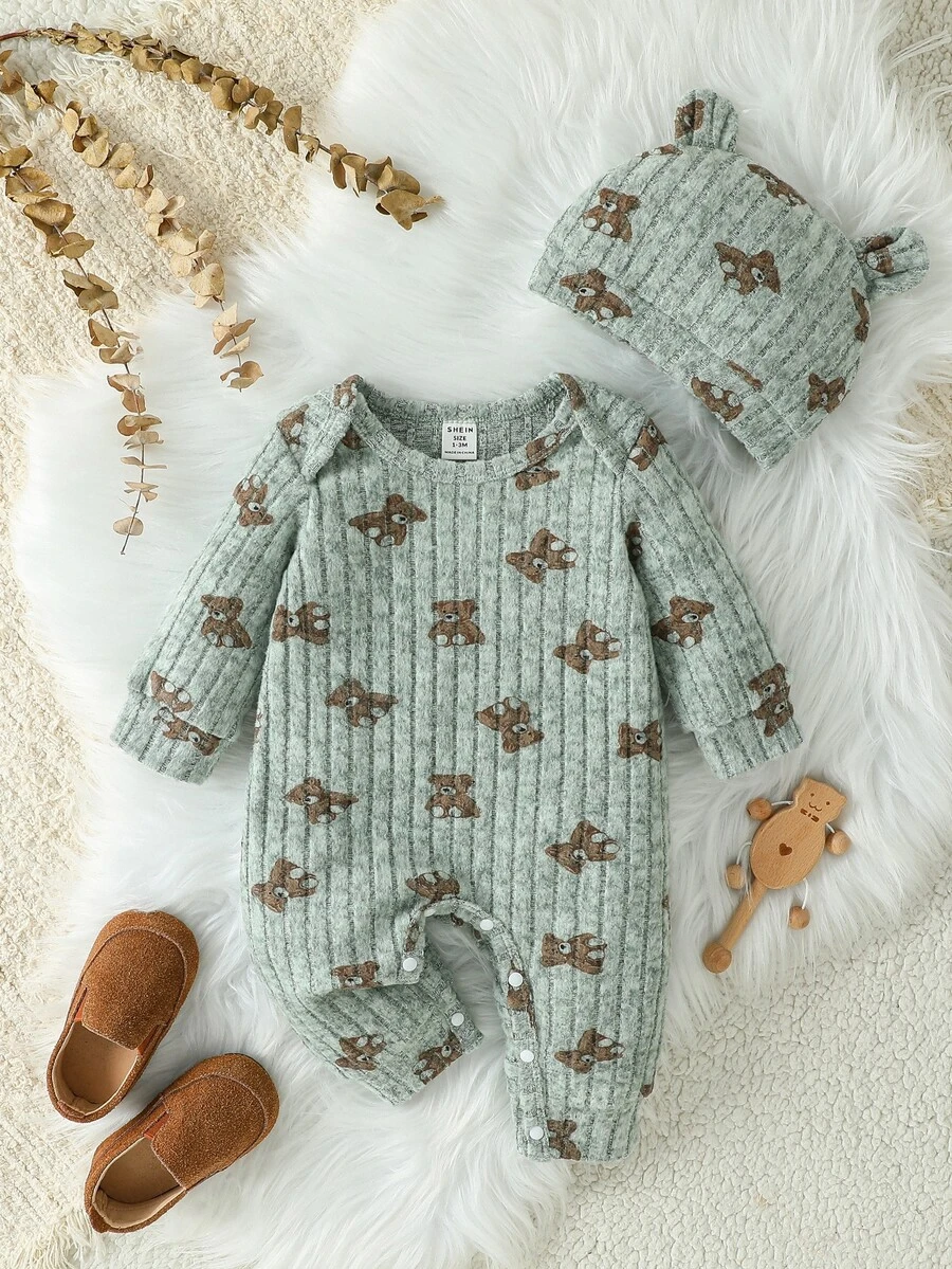 SHEIN Baby Boy 2pcs Set Casual Cute Long Sleeve Bear Print Jumpsuits Autumn/Winter Outfit Clothings - Army Green - View 1