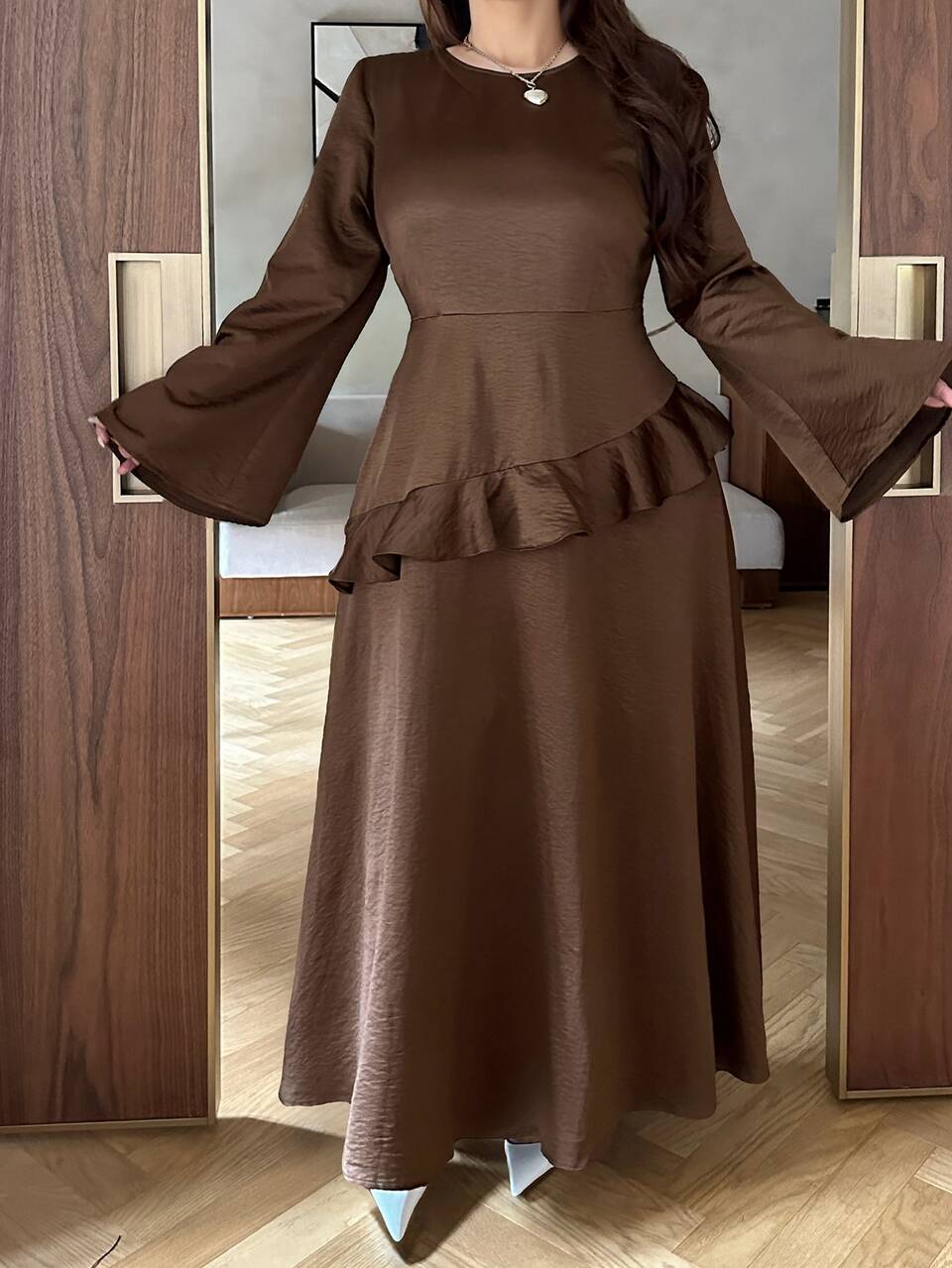 Dazy Plus Solid Color Fitted Waist Ruffle Trim Round Neck Long Sleeve A-Line Elegant Spring Autumn Dress