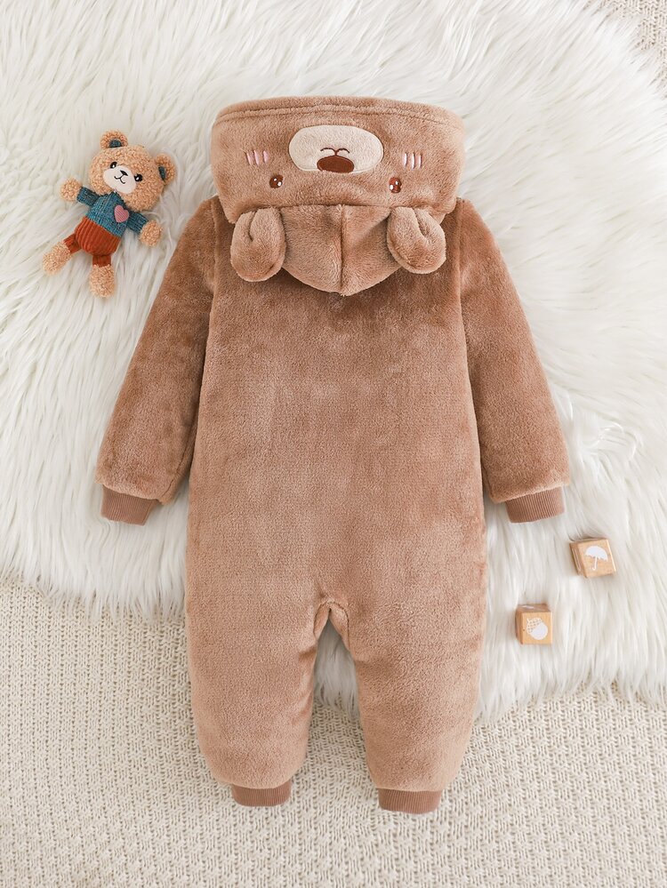 Cozy Pixies Kids Baby Boy Baby Girl Cartoon Bear Pattern 3D Ears Hooded Thermal Lined Medium Thick One-Piece Long Pants - Multicolor - View 7