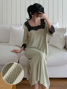 DAZY Women's Comfortable Versatile Lace Patchwork Long Sleeve Nightgown - Khaki - View 5