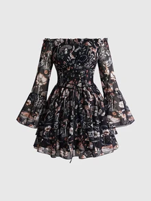 ROMWE Vintage Mushroom Forest Fairycore Off-Shoulder Bell Sleeve Plus Size Dress - Multicolor - View 1
