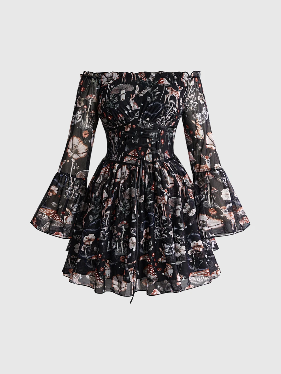 ROMWE Vintage Mushroom Forest Fairycore Off-Shoulder Bell Sleeve Plus Size Dress - Multicolor - View 1
