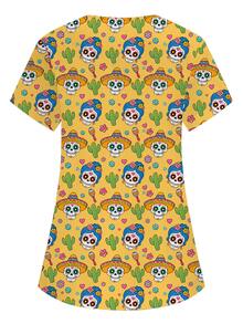 PopScrub Halloween Jaune Col en V Manches Courtes Double Poche Mignon Squelette de Dessin Animé, Uniforme de Travail Infirmière Médecin Imprimé Squelette, Uniforme de Scrubs d'Examen, Uniforme de Travail de Toilettage pour Animaux de Compagnie, Uniforme de Travail de Nutritionniste, Uniforme de Travail de Laboratoire, Vêtements de Vacances Fonctionnels Multi-Poches pour Femmes, Top d'Été pour Femmes, Jour des Morts, Fête d'Halloween, Mignon Effrayant - Jaune citron - Voir 2