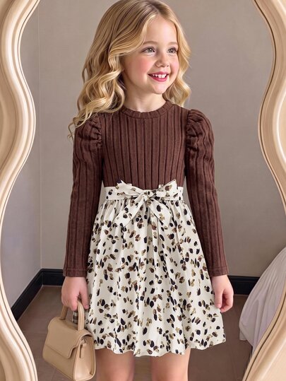 Vintaside Kids Girls' Autumn/Winter Dress, Coffee-Colored Vertical Stripe Puff Long Sleeve Top With Leopard Print Skirt Hem, Matching Print Tie Bow At Waist, Vintage Color Palette, Soft And Elegant, Layered Design, Gentle And Retro Childlike Vibe