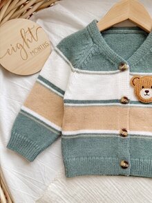 SHEIN Newborn Baby 3D Bear Pattern Colorblock Casual Daily Autumn Cardigan - Green - View 11