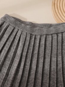 青少年女孩灰色特殊刺繡圓領針織套衫與百褶裙套裝，柔軟舒適，適合日常穿著、外出、旅行、度假、居家、托兒所 - 灰色 - 查看 7