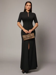 Silquee Women's Button-Up Elegant Dress Suitable For Daily Commute - Black - View 2