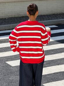 Muchica Women's Autumn/Winter New Casual Loose Red Striped Letter Embroidered Polo Collar Sweater - Red - View 2
