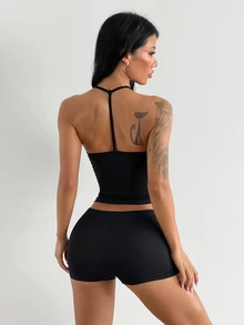 Coolane Women's Summer Black Cross Back Sports Bra & Shorts Set, Slim Fit Gym Yoga Workout Suit - Black - View 6