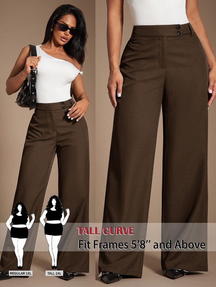 SHEIN Tall CURVE Plus Size Women Solid Color High Waist Wide Leg Loose Casual Long Pants Fall - Brown - View 1