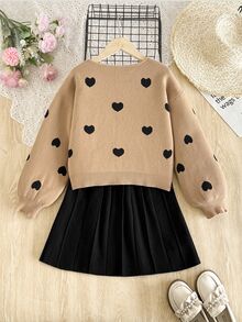 SHEIN 青少年女孩寬鬆休閒極簡舒適圓領長袖前綁帶蝴蝶結開襟衫 + 黑色針織百褶裙 2件套，適合時尚街頭風與返校穿搭 - 卡其色 - 查看 2