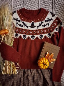 Elamini Women's Burgundy Holiday Autumn/Winter Spooky Halloween Pattern Sweater. Halloween Essentials. - Multicolor - View 5