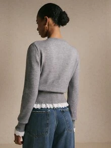 Poéselle Women's Heather Gray Soft Knit Cardigan, Button Front Crew Neck Drawstring Waist Long Sleeve Cozy Sweater, Coquette Fall Layering Top,French Elegant - Grey - View 2