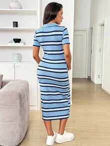 MaterniWear Summer Casual Striped Fitted Maternity Dress - Blue - View 2