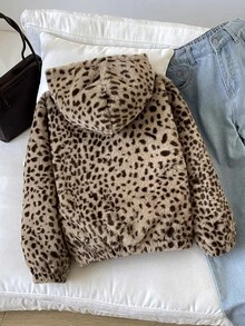 SHEIN 青少年女孩秋冬時尚豹紋人造毛連帽長袖外套，穿搭必備時尚單品 - 卡其色 - 查看 2