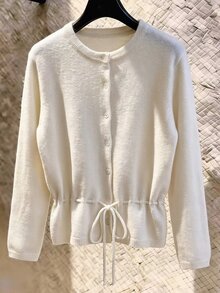 SHEIN Franclia Women Drawstring Waist Fuzzy Knit Cardigan, Long Sleeve Round Neck Button Front Slim Fit Cropped Sweater Coat - White - View 2