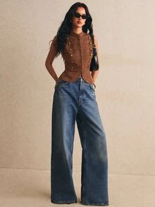 Poéselle 女款復古條紋雙排扣時尚背心外套 - 棕色 - 查看 4