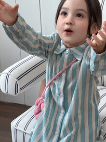 DAZY 女嬰條紋拼接休閒日常夏季洋裝 - 藍色 - 查看 3