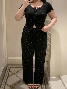 Dazy Plus 2pcs Lace Patchwork Short Sleeve Cardigan Top & Straight Leg Long Pajama Pants Sleepwear Set - Black - View 4