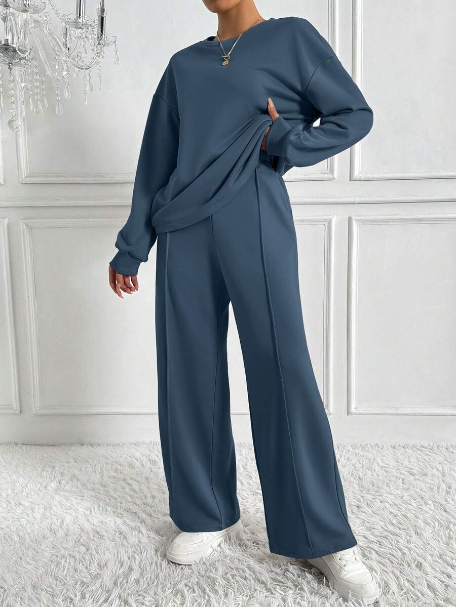 SHEIN Autumn Casual Solid Color Sweatshirt & Sweatpants 2 Pieces Set - Blue - View 1