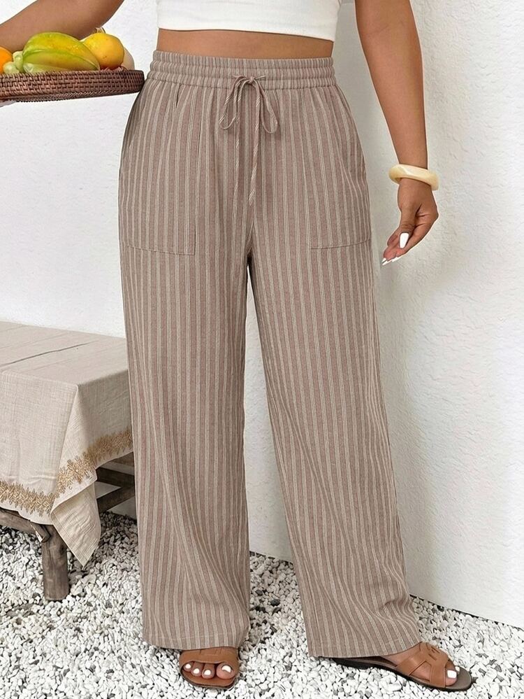 SHEIN Frenchy Plus Striped Print Knot Waist Straight Leg Pants Fall - Khaki - View 3