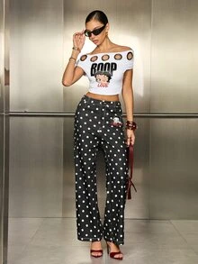 Betty Boop x SHEIN Celana Jeans Denim Wanita Model Lurus dan Longgar dengan Motif Polkadot - Hitam - View 7
